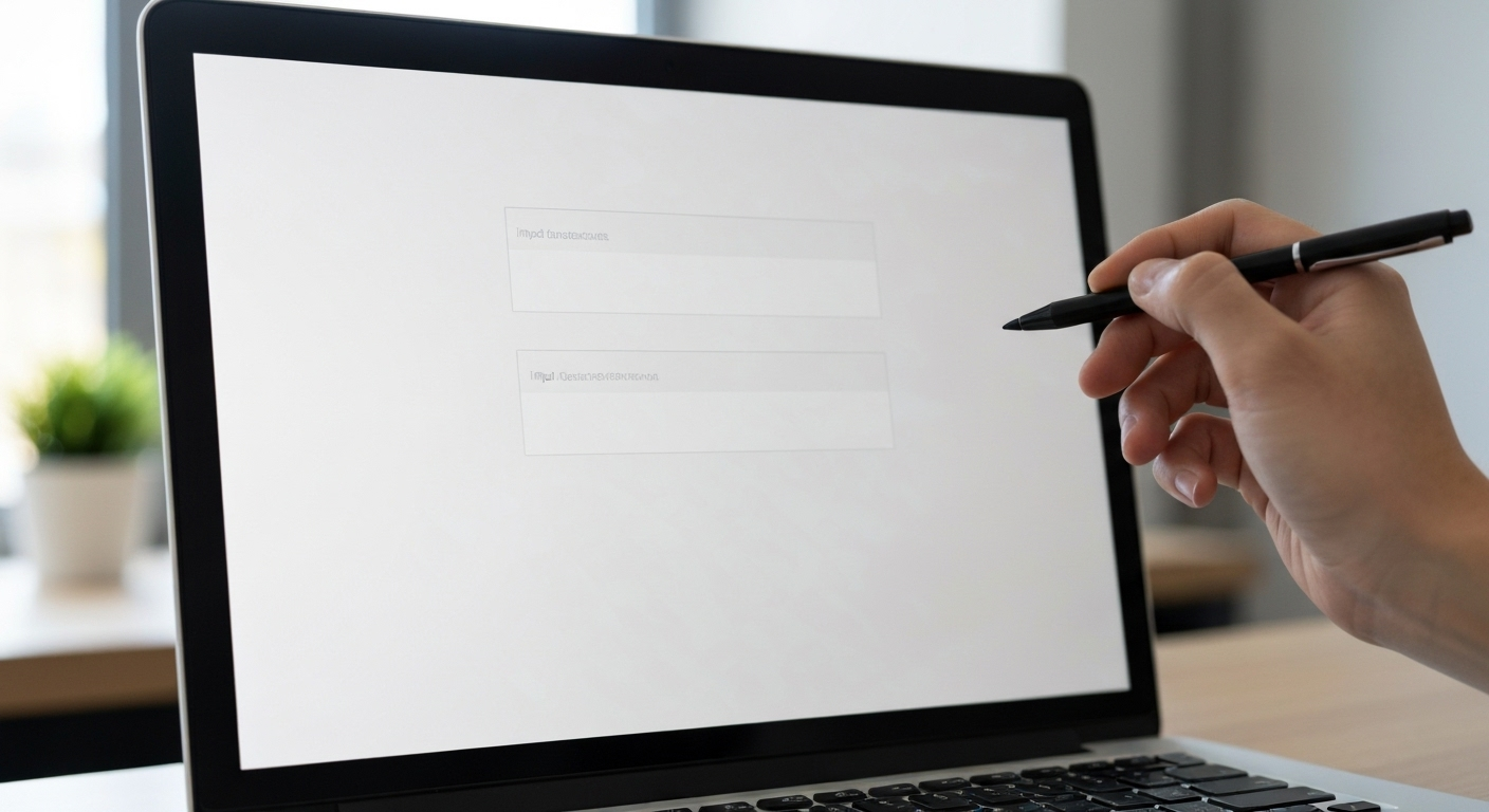 Online registration form with name and email fields on a laptop screen.