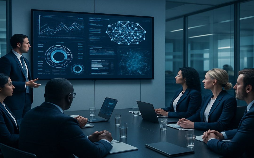 Equipo corporativo revisando dashboards de inteligencia artificial para empresas