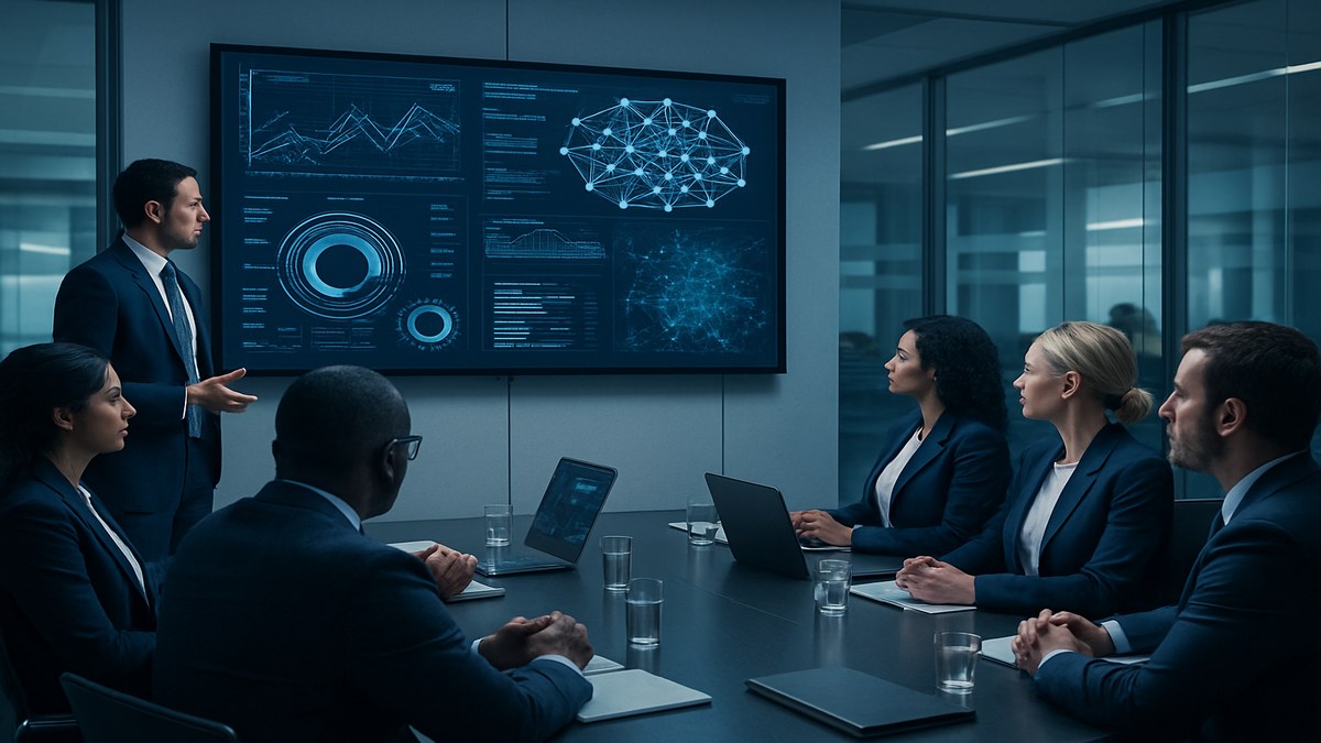 Equipo corporativo revisando dashboards de inteligencia artificial para empresas