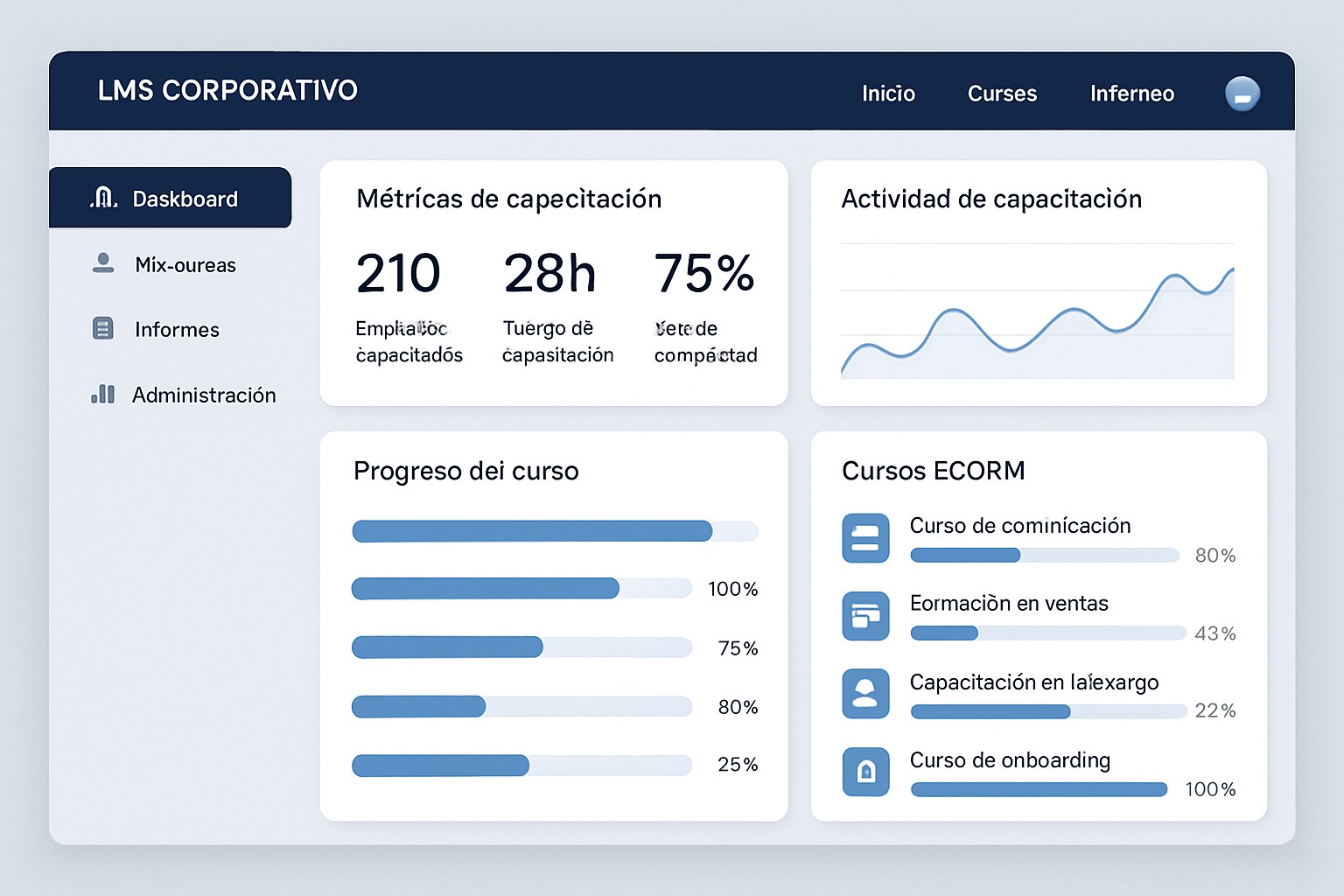 LMS corporativo para empresas: dashboard de plataforma de aprendizaje con métricas de capacitación y cursos SCORM