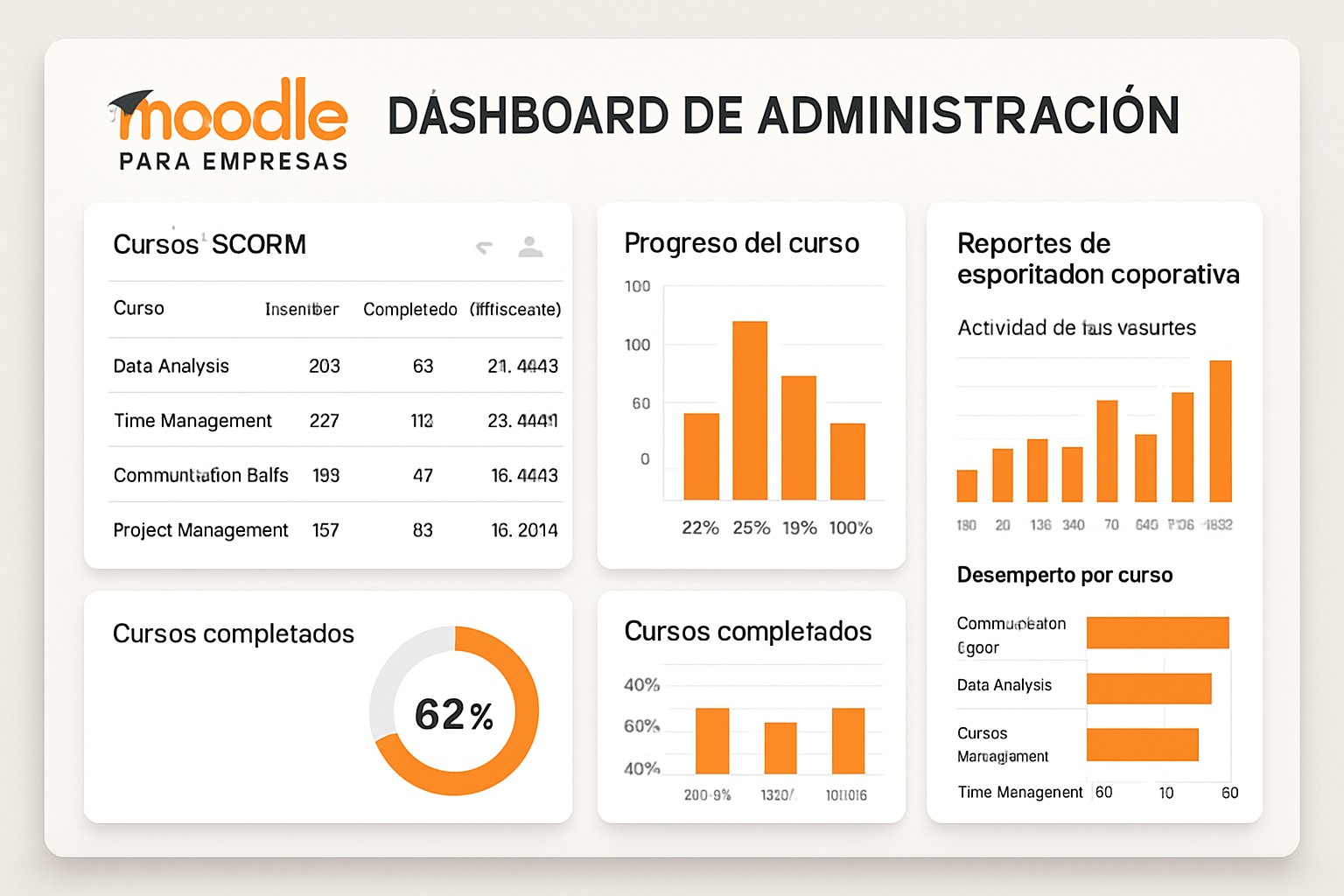 Moodle para empresas: dashboard de administración con cursos SCORM y reportes de capacitación corporativa