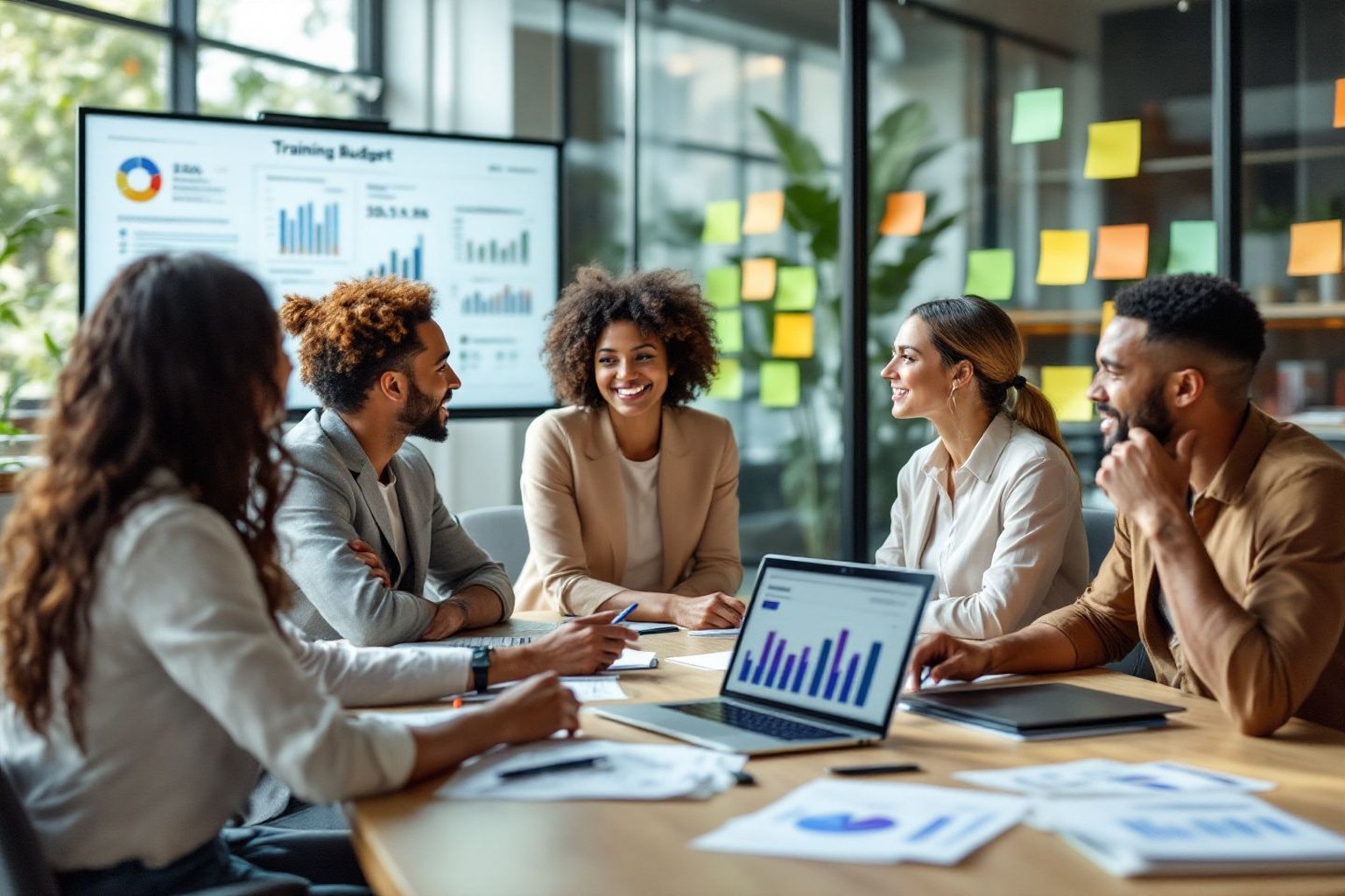 Equipo de Recursos Humanos revisando un presupuesto de capacitación empresarial sobre una mesa con gráficos y una laptop