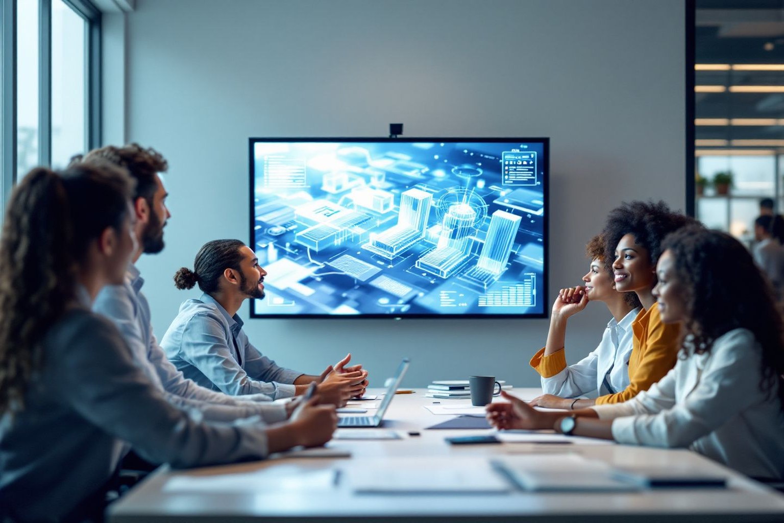 Equipo de trabajo colaborando con herramientas de inteligencia artificial generativa en una oficina