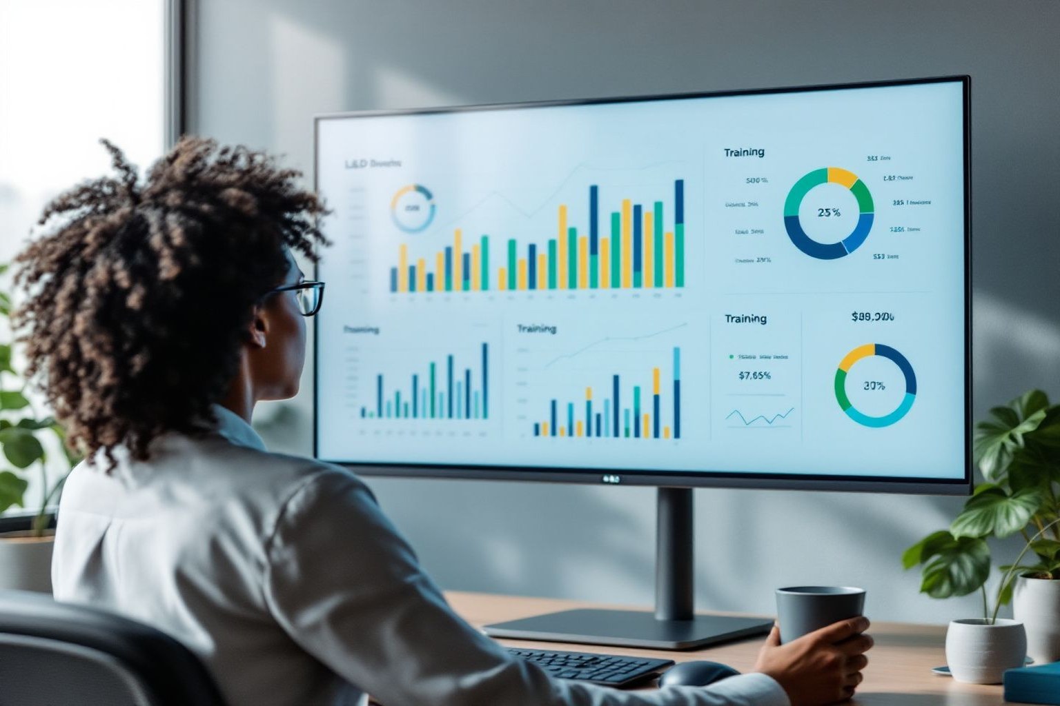 Tablero de KPIs de capacitacion mostrando metricas de formacion corporativa en una pantalla de oficina