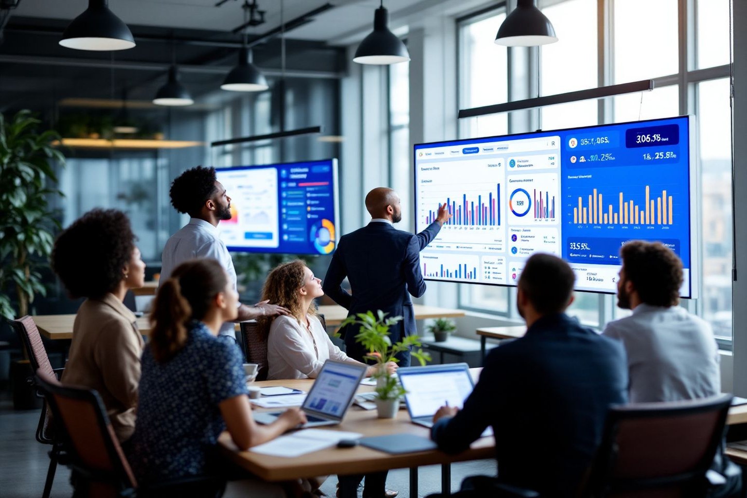 Equipo de Recursos Humanos evaluando plataformas LMS en un panel de capacitación corporativa